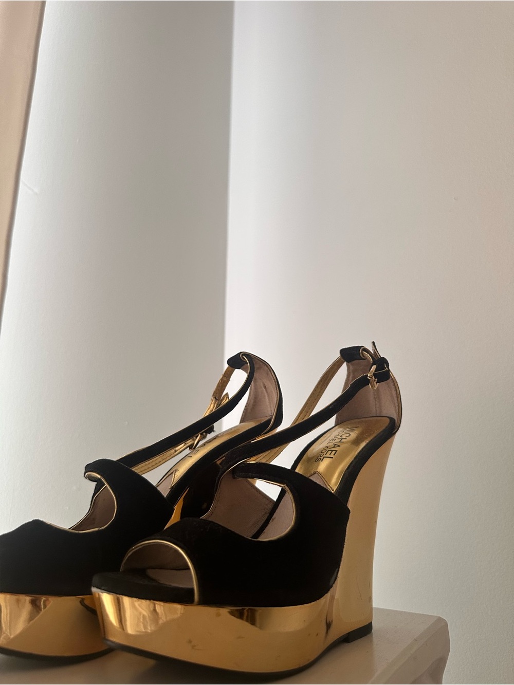Michael Kors Black and Gold Wedge Platform Sandals
